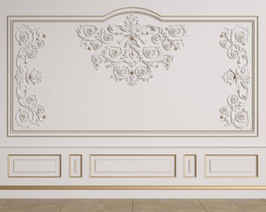 Küflü klasik iç duvar. Zemin parke herringa kemiği. Dijital çizim 3D.