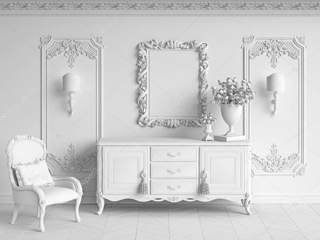 Classic interior with copy space in monochrome white gamma.Walls with mouldings and ornated cornice.Digital Illustration.3d rendering