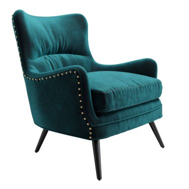 Beyaz arka planda izole edilmiş mavi kadifeli klasik koltuk. 3D dijital çizim.