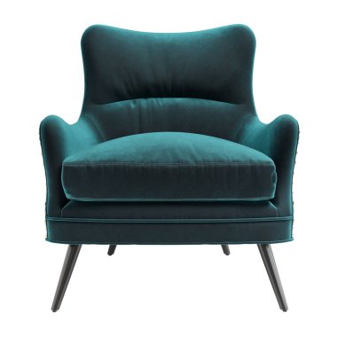 Beyaz arka planda izole edilmiş mavi kadifeli klasik koltuk. 3D dijital çizim.