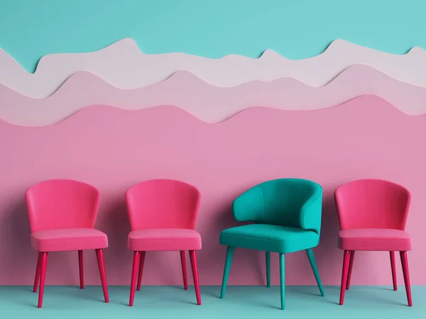 コピースペースのある青とピンクの背景にピンクのものの間で1ターコイズ色の色の椅子 デジタルイラスト 3Dレンダリング — ストック写真