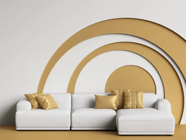 White sofa in scandinavian style in interior with copy space.White wall with gold segments.Minimal concept.Digital illustration. 3d rendering