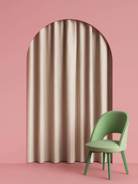 Silla Verde Estilo Moderno Habitación Rosa Con Arco Cortina Concepto —  Fotos de Stock