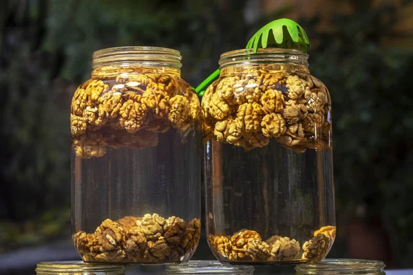 Two Jars Peeled Walnuts Syrup Traditional Iranian Street Food — Stock Photo, Image