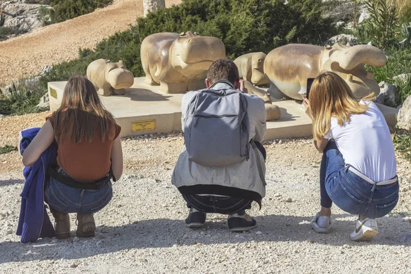 Ayia Napa Cyprus January 2020 Three Tourists Take Pictures Hippo — Stock Photo, Image