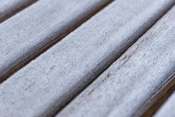 Wooden Bench Covered White Hoarfrost Close Focus Center Blurred Edges — Stock Photo, Image