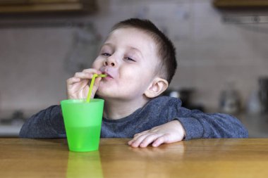 Evdeki mutfakta küçük sevimli bir çocuğun portresi. Neşeli çocuk evcil mutfakta pipetle limonata içiyor..