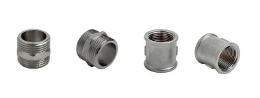 Metal eşleşmeler ve göğüs uçları beyaz arka planda izole edilmiş farklı açılarda. Boru ayarları.