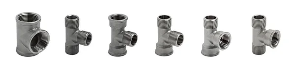 Set of metal tees in various combinations of male threaded and female threaded isolated on white background. Pipe fittings.