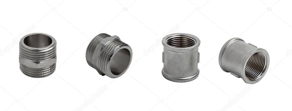 Set of metal couplings and nipples in different angles isolated on white background. Pipe fittings.