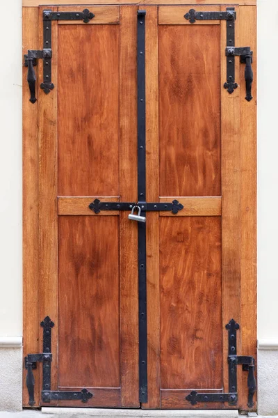 Puerta Madera Grunge Marrón Con Bisagras Forjadas Puerta Vintage Cerrada — Foto de Stock