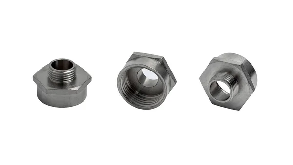 Metalen Connectoren Verschillende Hoeken Geïsoleerd Witte Achtergrond Hex Reducer Voor — Stockfoto