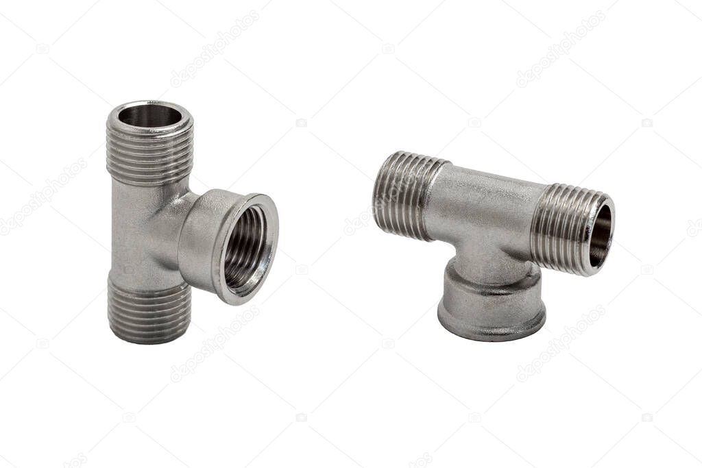 Metal Female Branch Tee in different angles isolated on a white background. Pipe fittings.