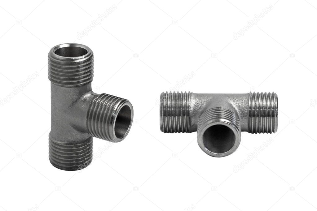 Metal male tees in different angles isolated on a white background. Pipe fittings.