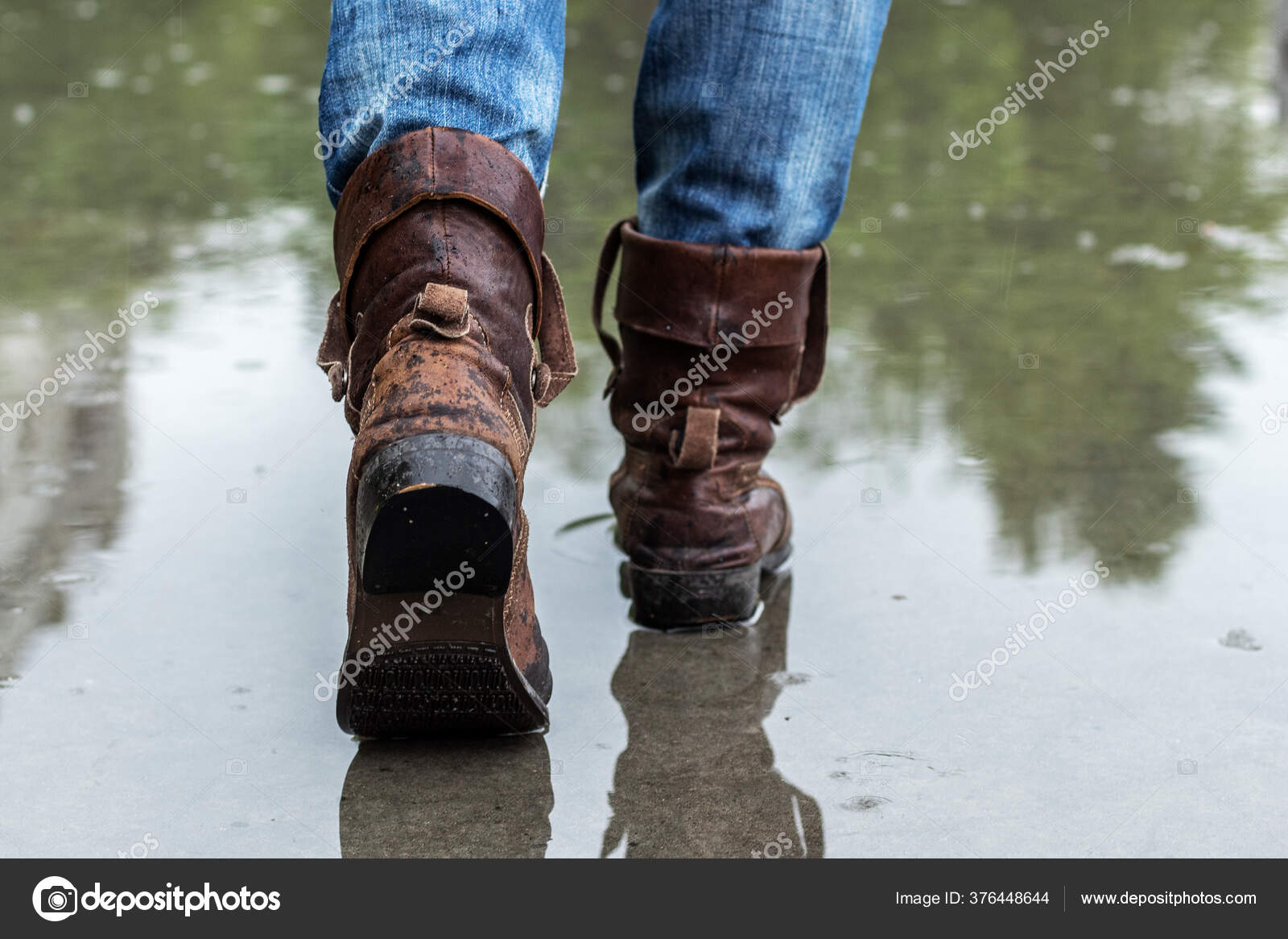 Leather Boots Wet Sidewalk Rain Close Rear View Stock Photo by