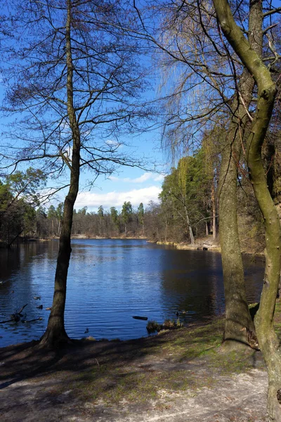 Blå Vatten Sjö Himlen Bakgrund Början Våren — Stockfoto