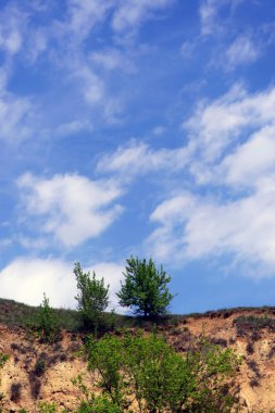 Yüksek kil kayalık. Parlak güneşli bir gün, mavi gökyüzü. Tasarım için arkaplan.
