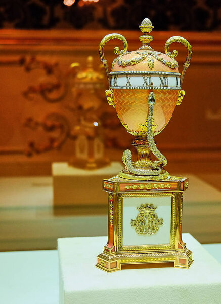 RUSSIA. Saint-Petersburg. Shot 12/05/2017 years. Photographer Andrey. Egg made by faberg in 1902 for the Duchess Consuelo of Marlborough. His exquisite workmanship is not inferior to the Imperial Easter eggs. Now jewelry egg is in the Faberge Museum