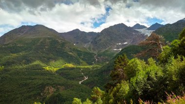 Dağın tepesinden küçük bir nehir akıyor.