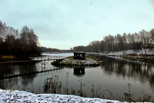 Gazebo Legno Isola Lago — Foto Stock