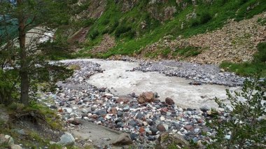 Fırtınalı nehir bir dağ geçidinde akıyor.