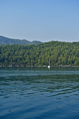 Yat, dağlar boyunca denizde yelken açar.