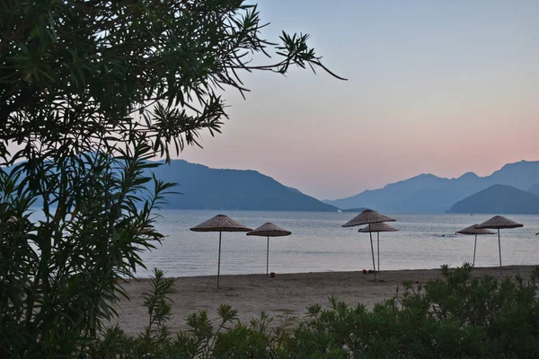 Sahilde saman şemsiyeleri. Marmaris. Türkiye