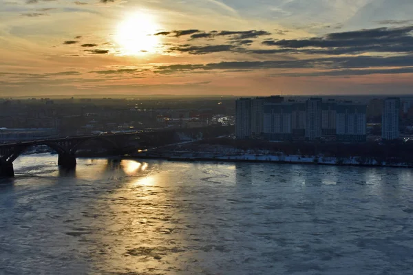 Coucher Soleil Sur Pont Routier Sur Rivière — Photo