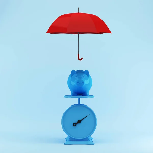 Blue Piggy savings with protection by red umbrella on blue background.minimal concept idea.