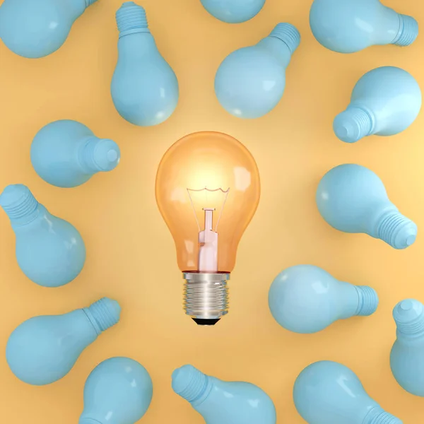 Idea outstanding Orange light bulb with glowing in middle Surrounded by blue light bulb on yellow pastel background, Minimal concept idea.