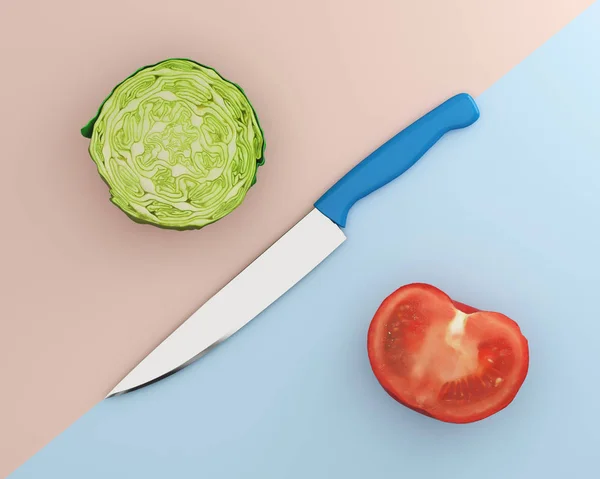 創造的なレイアウトは、トマトとキャベツのステンレス キッチン — ストック写真