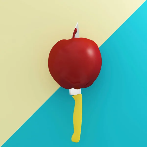 创意理念: 红苹果被不锈钢菜刀刺穿 — 图库照片