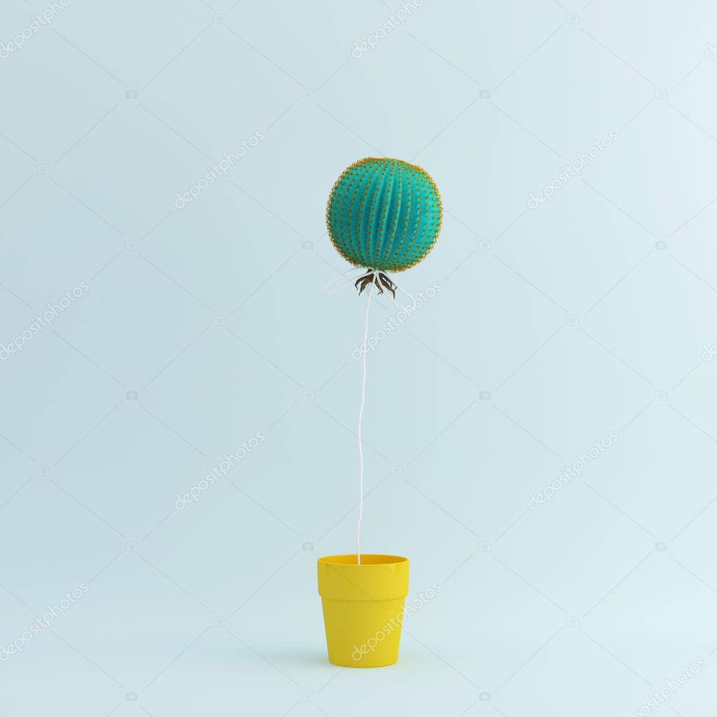 Cactus balloon in Yellow flower pot on pastel blue background. Creative minimal concept.