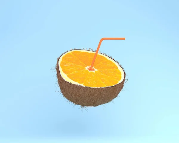 Plasterek pomarańczy, sok z słomki w kokos na tle niebieski pastel — Zdjęcie stockowe