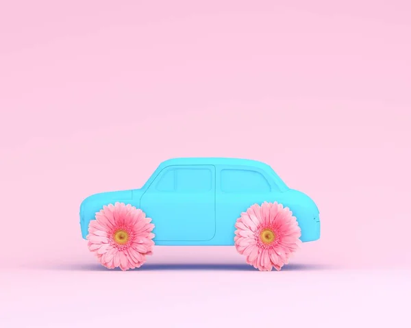 Rueda de diseño de flor rosa y coche azul sobre fondo pastel rosa . —  Fotos de Stock