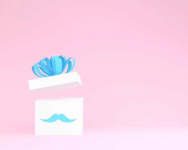 Białe pudełko z niebieską wstążką na różowym tle dla kopii spac — Zdjęcie stockowe
