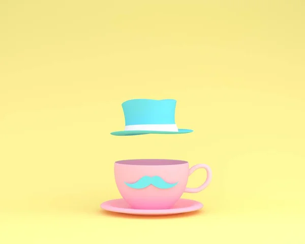 En kopp rosa kaffe med en flytande blå hatt på gula backgrou — Stockfoto
