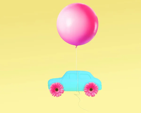 Креативная компоновка розового цветочного колеса и автомобиля голубого цвета с розовым воздушным шаром — стоковое фото