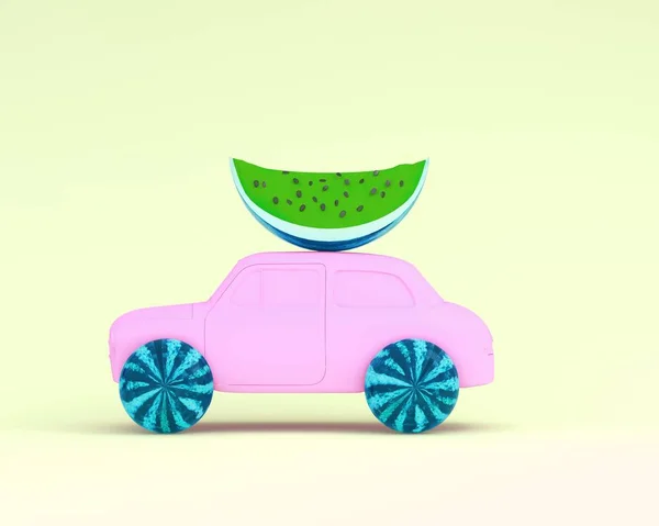 Vattenmelon layout hjul och bil lila på gul pastell ba — Stockfoto