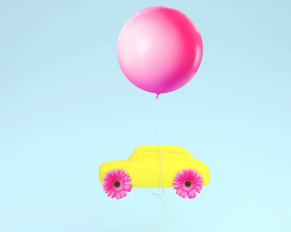 Kwiat układ kół i żółty z różowy balon unosi się na samochód — Zdjęcie stockowe