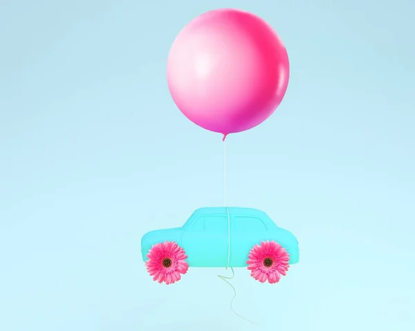 Rueda de diseño de flores y coche azul con globo rosa flotando en b —  Fotos de Stock