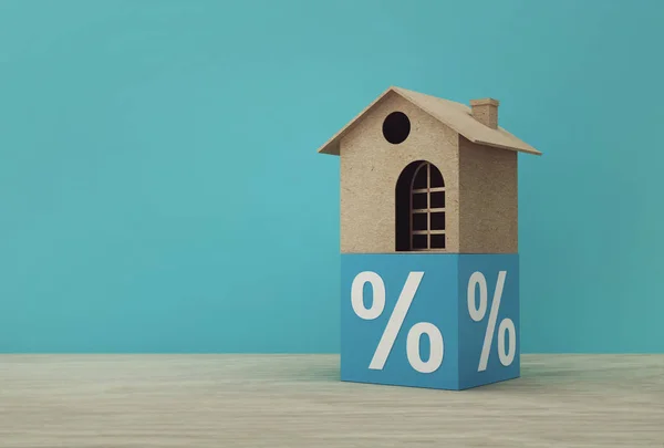 Ideia Criativa Papel Modelo Casa Bloco Azul Percentual Mesa Madeira — Fotografia de Stock