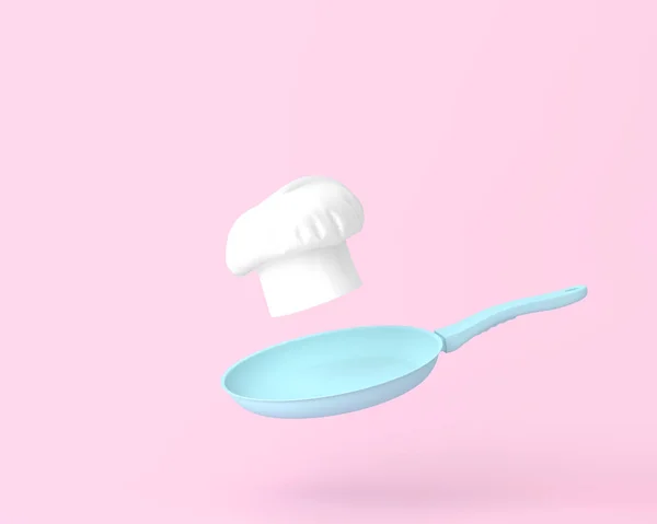 Hat Chef Floating Blue Pan Pastel Pink Background Minimal Concept — 스톡 사진