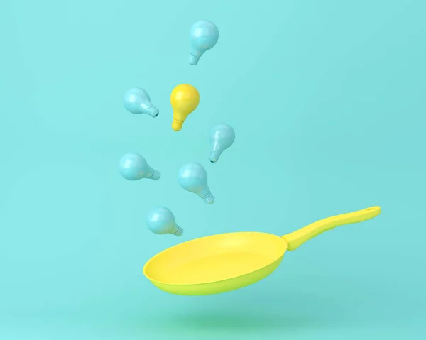 Sarı tavalı mavi ampullerin arasında süzülen bir sarı ampul.
