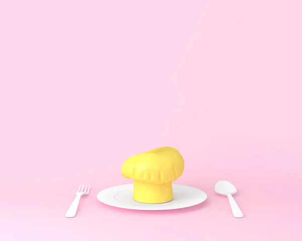 创意布局的帽子厨师盘与勺子和叉子粉红色背景 最小概念 — 图库照片