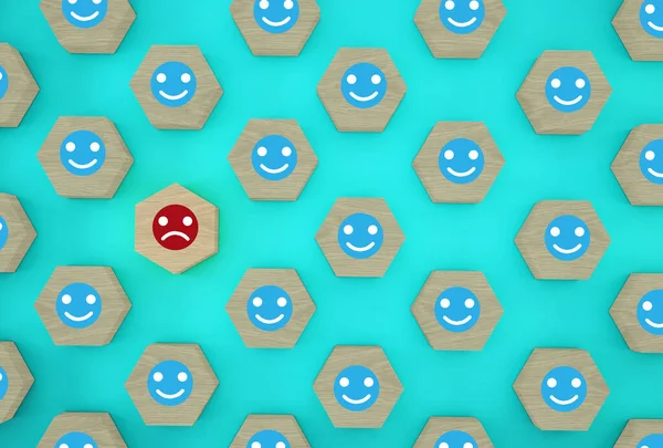 Abstract of face emotion happiness and sadness, Unique, think different, individual and standing out from the crowd concept. Wooden hexagon with icon on blue background.