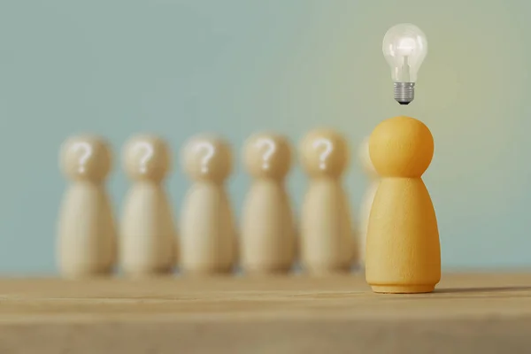 Wooden Figures Man People Stand Light Bulb Icon Question Mark — Stock Photo, Image