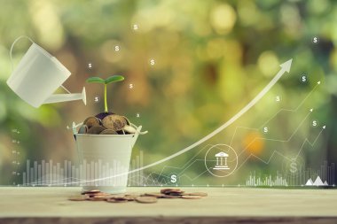 Bankacılık ve finans, gelecekteki büyüme kavramı için para biriktirme: sulama kutusundan su dökme, bozuk para dolu kovada yeşil filizlenme ve grafik büyütme iş yatırımları .