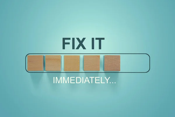Loading bar progress concept. FIX IT text loading almost complete with wooden blocks in progress bar.