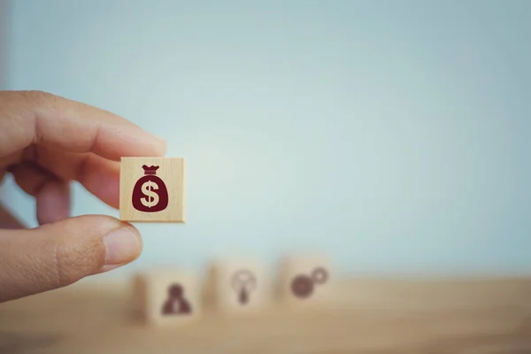 Banking Finance Financial Planning Concept Hand Chooses Wooden Cube Blocks — Stock Photo, Image